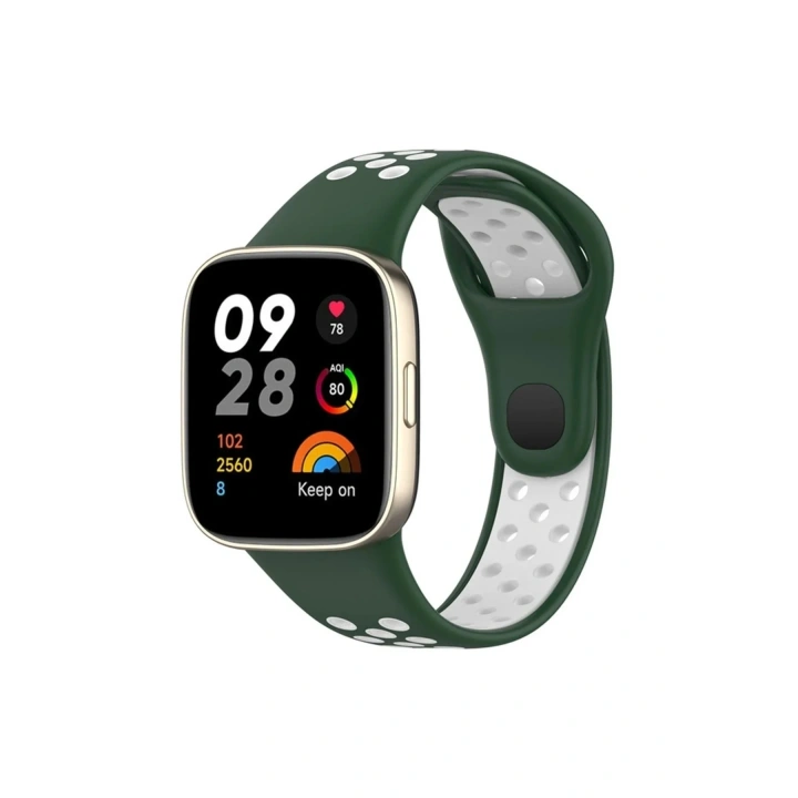 Mey İthalat®   Redmi Watch 3 Spor Delikli Kordon - Haki Yeşil-Beyaz