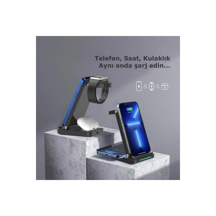 Mey İthalat®  S90 4in1 Kablosuz Şarj Masaüstü Set - Siyah