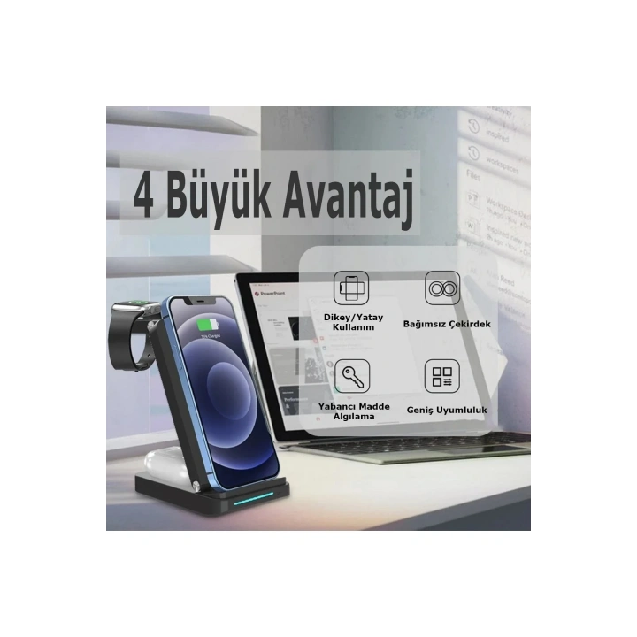 Mey İthalat®  S90 4in1 Kablosuz Şarj Masaüstü Set - Siyah