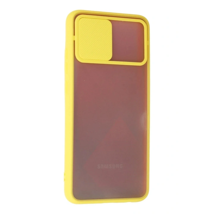 Mey İthalat®  Samsung Galaxy A02S Kılıf Palm Buzlu Kamera Sürgülü Silikon - Sarı