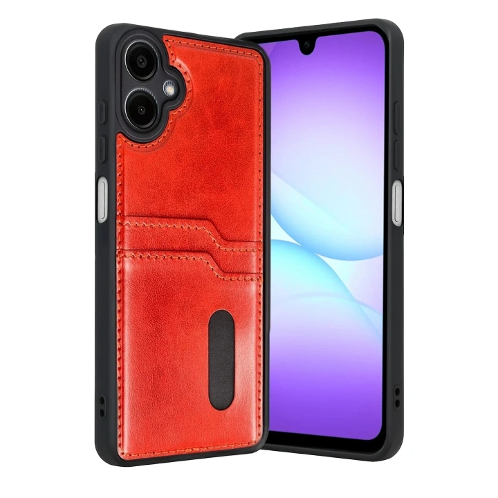 Mey İthalat®  Samsung Galaxy A07 4G Sara Kartvizitli Deri Kılıf - Kırmızı