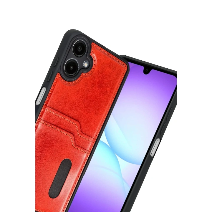 Mey İthalat®  Samsung Galaxy A07 4G Sara Kartvizitli Deri Kılıf - Kırmızı