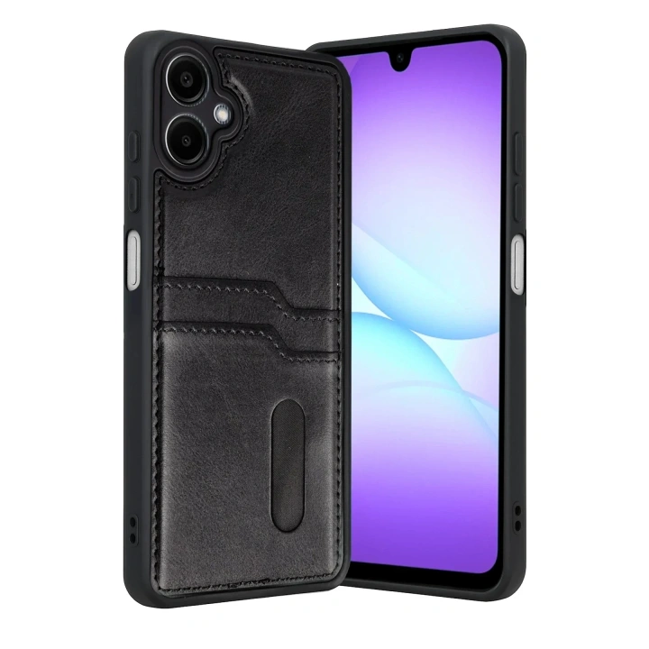 Mey İthalat®  Samsung Galaxy A07 4G Sara Kartvizitli Deri Kılıf - Siyah
