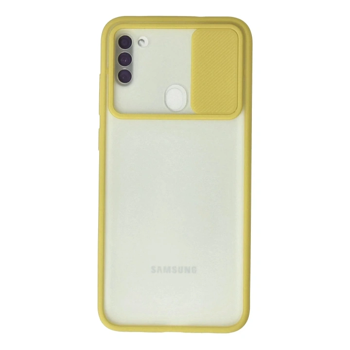 Mey İthalat®  Samsung Galaxy A11 Kılıf Palm Buzlu Kamera Sürgülü Silikon - Sarı