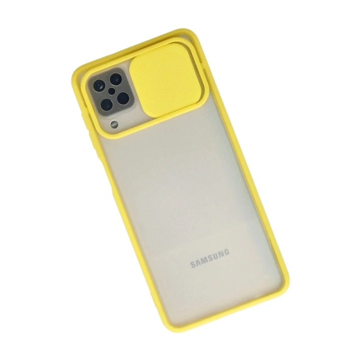 Mey İthalat®  Samsung Galaxy A12 Kılıf Palm Buzlu Kamera Sürgülü Silikon - Sarı