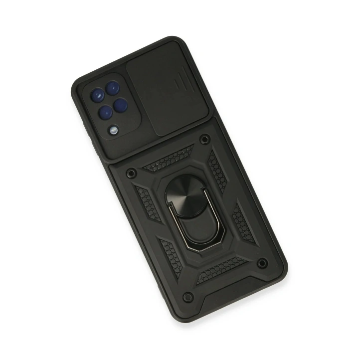 Mey İthalat®  Samsung Galaxy A22 Kılıf Pars Lens Yüzüklü Silikon - Siyah