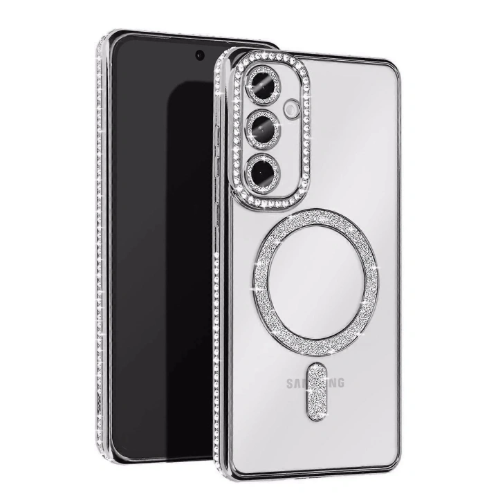 Mey İthalat®  Samsung Galaxy A35 5G Joke Simli Magneticsafe Kılıf - Gümüş