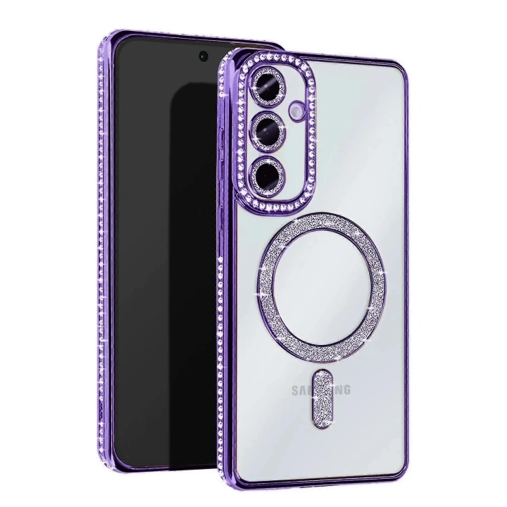 Mey İthalat®  Samsung Galaxy A55 5G Joke Simli Magneticsafe Kılıf - Derin Mor