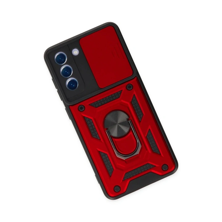 Mey İthalat®  Samsung Galaxy S21 FE Kılıf Pars Lens Yüzüklü Silikon - Kırmızı