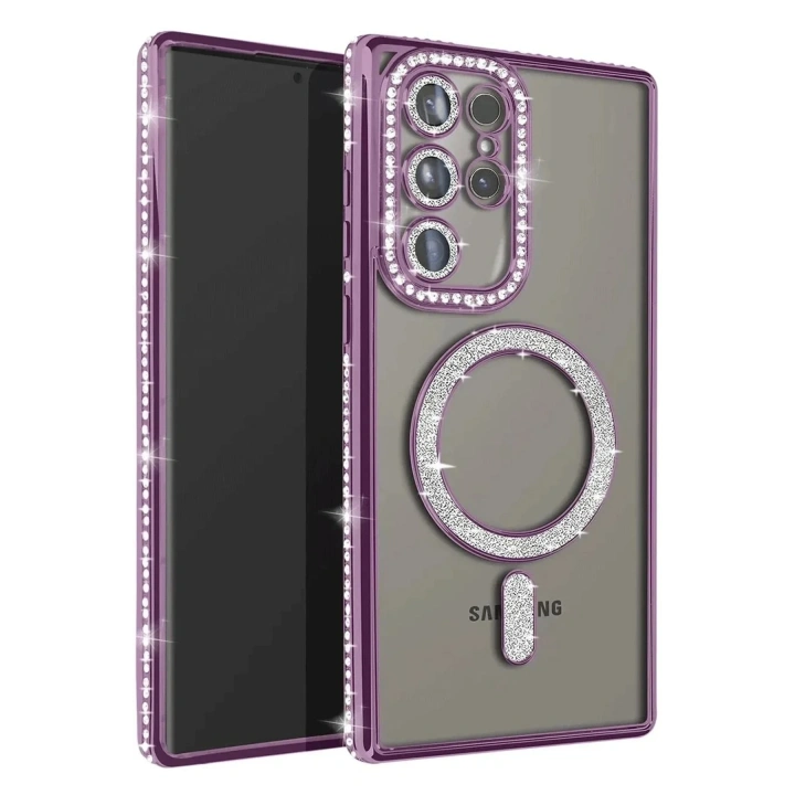 Mey İthalat®  Samsung Galaxy S23 Ultra Joke Simli Magneticsafe Kılıf - Derin Mor