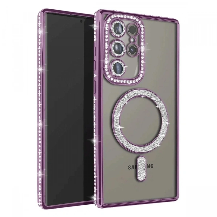 Mey İthalat®  Samsung Galaxy S23 Ultra Joke Simli Magneticsafe Kılıf - Derin Mor