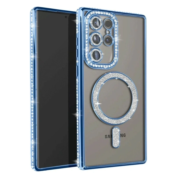 Mey İthalat®  Samsung Galaxy S23 Ultra Joke Simli Magneticsafe Kılıf - Mavi