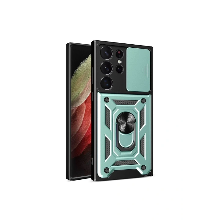 Mey İthalat®  Samsung Galaxy S23 Ultra Kılıf Pars Lens Yüzüklü Silikon - Yeşil