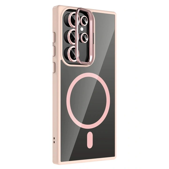 Mey İthalat®  Samsung Galaxy S23 Ultra Remim Lensli Magsafe Standlı Kapak - Pembe