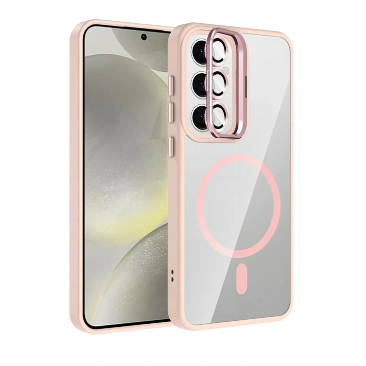Mey İthalat®  Samsung Galaxy S24 FE Remim Lensli Magsafe Standlı Kapak - Pembe