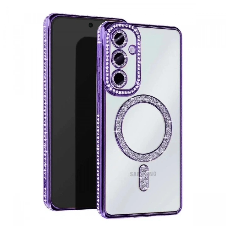 Mey İthalat®  Samsung Galaxy S25 Kılıf Joke Simli Magneticsafe Kılıf - Derin Mor