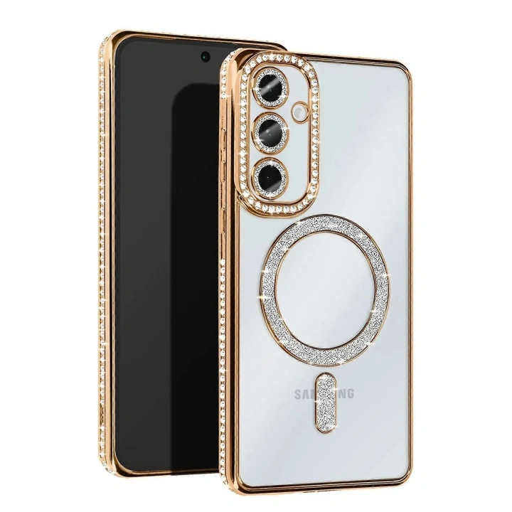 Mey İthalat®  Samsung Galaxy S25 Kılıf Joke Simli Magneticsafe Kılıf - Gold