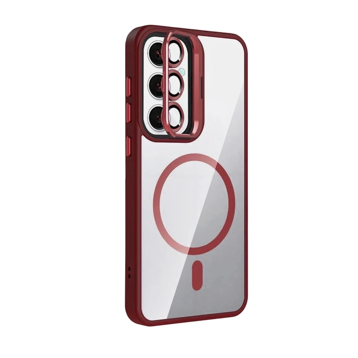 Mey İthalat®  Samsung Galaxy S25 Remim Lensli Magsafe Standlı Kapak - Bordo