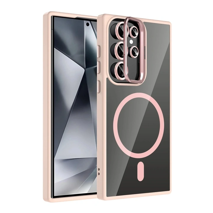Mey İthalat®  Samsung Galaxy S25 Ultra Remim Lensli Magsafe Standlı Kapak - Pembe