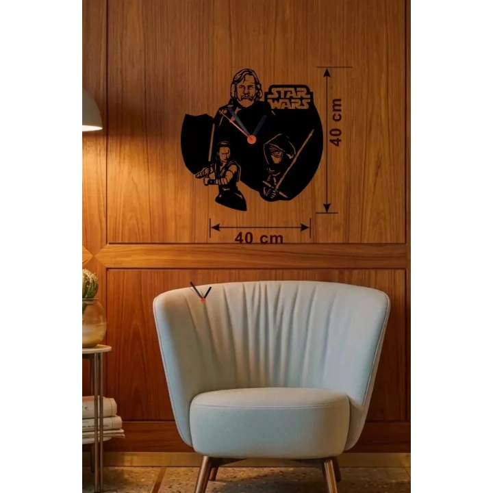 Mey İthalat® Star Wars Temalı Ahşap Duvar Saati - 40x40 cm Lazer Kesim Dekoratif