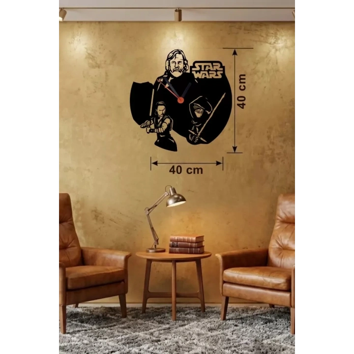 Mey İthalat® Star Wars Temalı Ahşap Duvar Saati - 40x40 cm Lazer Kesim Dekoratif