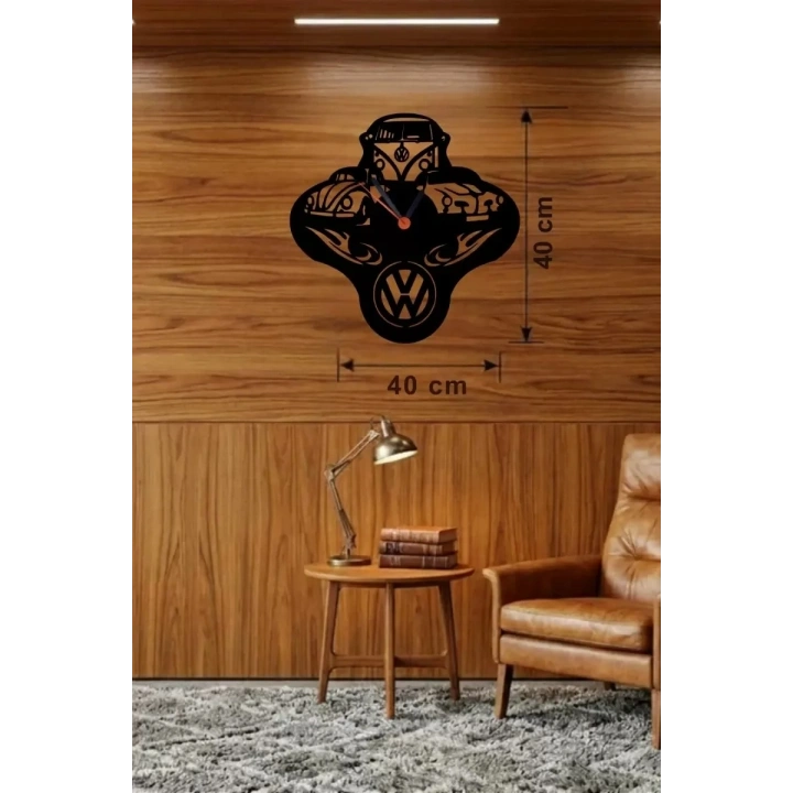 Mey İthalat® Vosvos ve Retro Araba Temalı Ahşap Duvar Saati - 40x40 cm Lazer Kesim