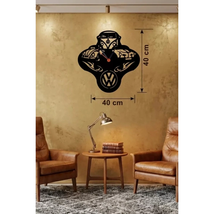 Mey İthalat® Vosvos ve Retro Araba Temalı Ahşap Duvar Saati - 40x40 cm Lazer Kesim