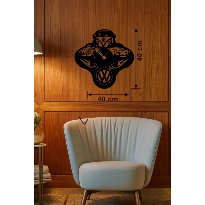 Mey İthalat® Vosvos ve Retro Araba Temalı Ahşap Duvar Saati - 40x40 cm Lazer Kesim