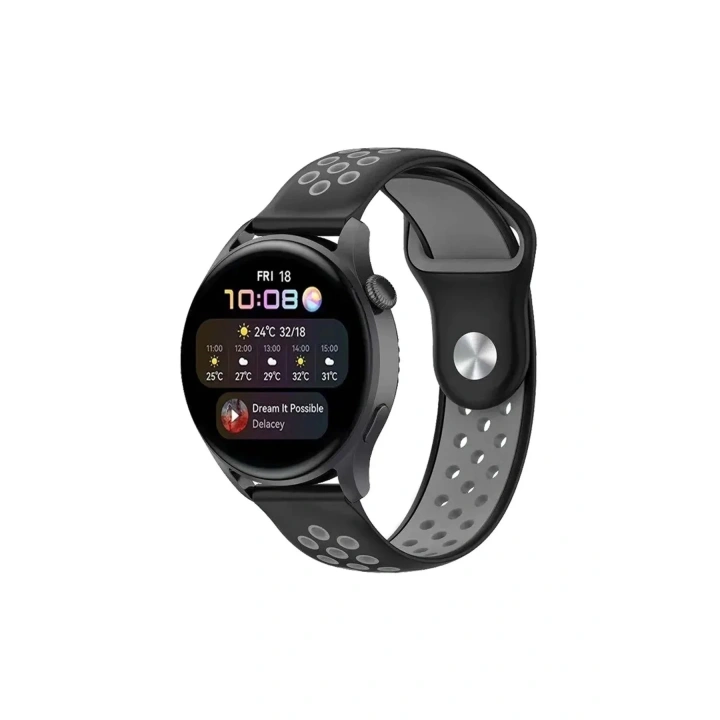 Mey İthalat®  Watch 20mm Spor Delikli Kordon - Siyah-Gri
