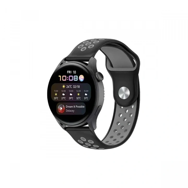 Mey İthalat®  Watch 20mm Spor Delikli Kordon - Siyah-Gri