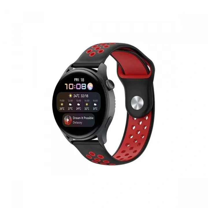 Mey İthalat®  Watch 20mm Spor Delikli Kordon - Siyah-Kırmızı