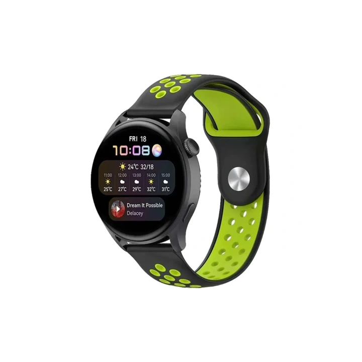 Mey İthalat®  Watch 20mm Spor Delikli Kordon - Siyah-Yeşil
