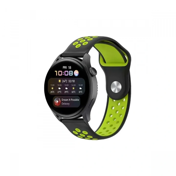 Mey İthalat®  Watch 20mm Spor Delikli Kordon - Siyah-Yeşil