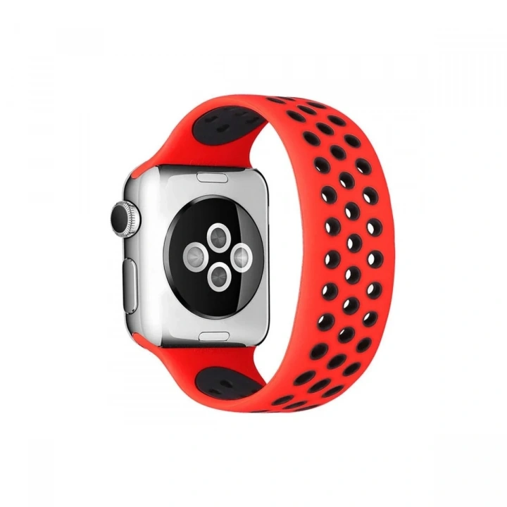 Mey İthalat®   Watch 42mm Ayarlı Delikli Silikon Kordon - Kırmızı-Siyah