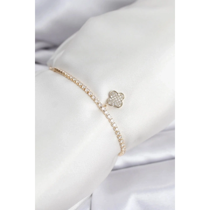 Mey İthalat® Yonca Model Zirkon Taşlı Gold Renk Asansörlü Su Yolu Bileklik