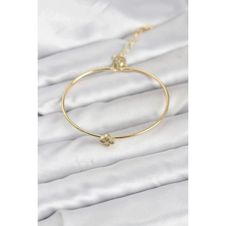 Mey İthalat® Zirkon Taşlı Yonca Model Gold Renk Kadın Bileklik