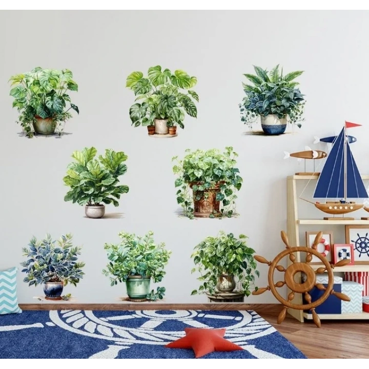 Saksılı Çiçek Tasarımlı 8li Sticker (5468)