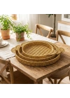 BiiShe® İç İçe Geçebilen 3’lü Yuvarlak Plastik Rattan Tepsi Seti–Hasır Görünümlü Çok Amaçlı Servis ve Sunum Tepsileri