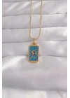 Mey İthalat® 316L Çelik Gold Renk Mavi Mineli El Figür Tarot Kolye