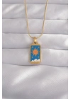 Mey İthalat® 316L Çelik Gold Renk Mavi Mineli Güneş Model Tarot Kolye