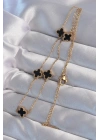 Mey İthalat® 316L Çelik Gold Renk Minimal Siyah Mineli Yonca Kolye
