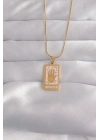 Mey İthalat® 316L Çelik Gold Renk Pembe Mineli El Figür Tarot Kolye
