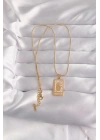 Mey İthalat® 316L Çelik Gold Renk Pembe Mineli El Figür Tarot Kolye