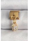 Mey İthalat® 316L Çelik Gold Renk Sallantı Zirkon Taşlı Kare Model Nomination Charm