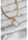 Mey İthalat® 316L Çelik Gold Renk Yassı Zincir İnci Taşlı Kolye