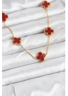 Mey İthalat® 316L Çelik Gold Renk Zincir Bordo Yonca Kadın Kolye