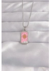 Mey İthalat® 316L Çelik Gümüş Renk Pembe Mineli Güneş Model Tarot Kolye