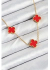 Mey İthalat® 316L Çelik Zincir Gold Kırmızı Renk Yonca Kadın Kolye