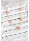 Mey İthalat® 316L Çelik Zincir Gold Pembe Renk Yonca Kadın Kolye