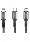 Mey İthalat®  DC62 3in1 Type-C to 60W Type-C / 12W Lightning / 15W Micro 1.2M Hızlı Şarj Kablo - Siyah